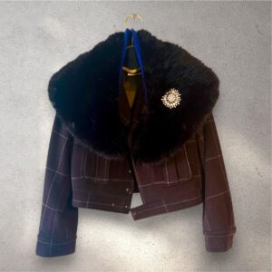 The Baumer Windowpane in Chocolate with black faux collar & brooch