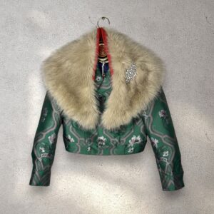 The Baumer in emerald green jacquard with greige faux collar & brooch
