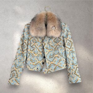 The Baumer in light blue & gold jacquard with short greige fox collar with brooch