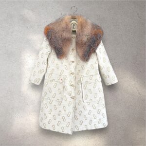 The Margery in cream and gold jacquard with large notch greige fox fur collar & vintage brooch