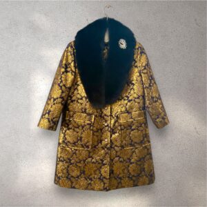 The Margery in navy and gold jacquard with long black fox fur collar & vintage brooch