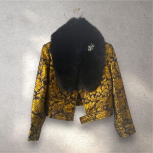 The Baumer in navy & gold jacquard with black mid length fox collar and vintage brooch