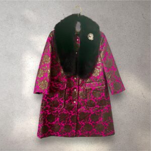 The Margery in fuchsia and olive green jacquard with long black fox fur collar & vintage brooch (Copy)