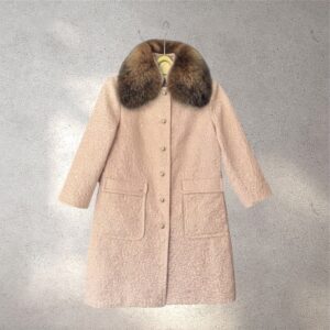 The Margery in pale pink jacquard with short brown fur collar